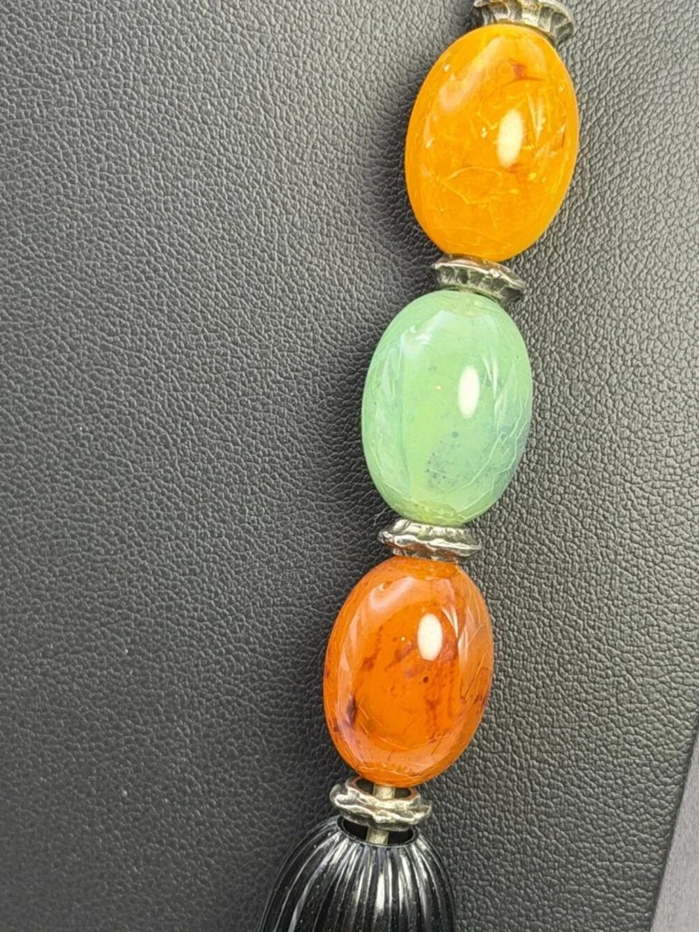 Vintage Chunky Resin Bead Necklace Multi Strand Orange Green Silver Tone 124g